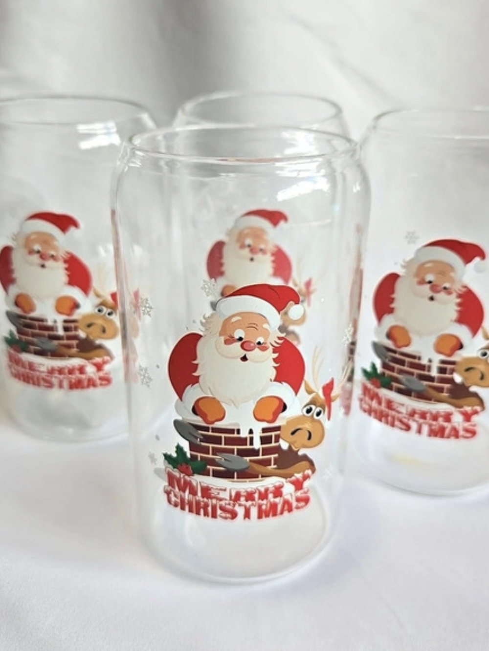 Set of 4 Merry Christmas Santa Claus Clear Glass Tumblers 5.5" Tall Brand New